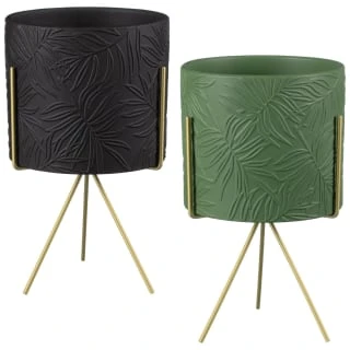 B&M Leaf Embossed Planter On Gold Stand - Black 2 B&M Leaf Embossed Planter On Gold Stand - Black - Image 2